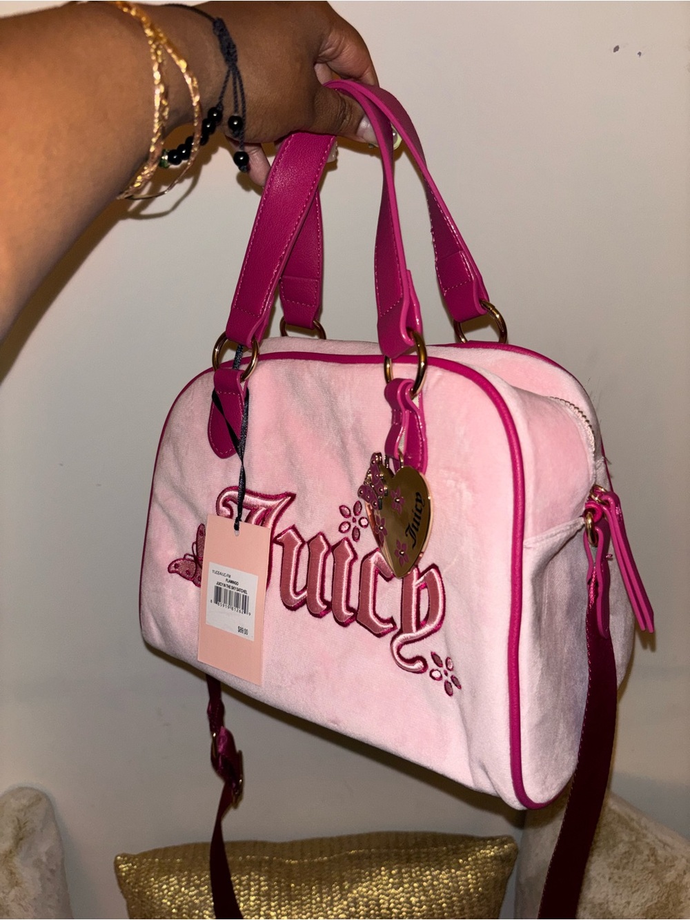 Juicy Couture Pink Plush Satchel with Fuchsia Trim